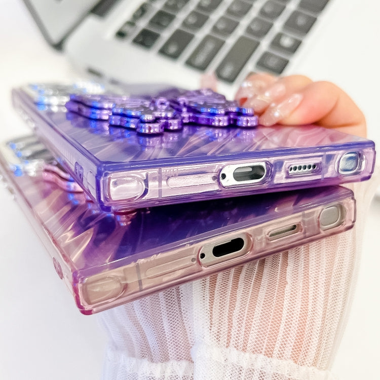 For Samsung Galaxy S25+ 5G Plating Glitter Texture Butterfly Holder TPU Phone Case with Lens Film(Purple Shell Pattern) - Galaxy S25+ 5G Cases by PMC Jewellery | Online Shopping South Africa | PMC Jewellery | Buy Now Pay Later Mobicred