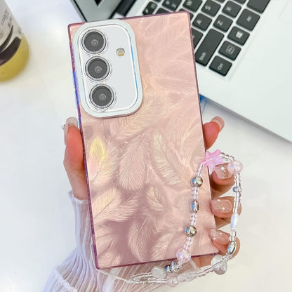 For Samsung Galaxy S25+ 5G Plating Glitter Texture Chain Wristband TPU Phone Case with Lens Film(Pink Feathers) - Galaxy S25+ 5G Cases by PMC Jewellery | Online Shopping South Africa | PMC Jewellery | Buy Now Pay Later Mobicred