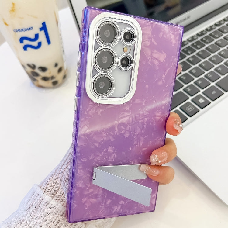 For Samsung Galaxy S25+ 5G Plating Glitter Texture Fold Holder TPU Phone Case with Lens Film(Purple Wrinkles) - Galaxy S25+ 5G Cases by PMC Jewellery | Online Shopping South Africa | PMC Jewellery | Buy Now Pay Later Mobicred