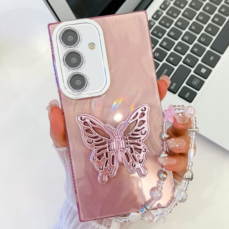 For Samsung Galaxy S25 5G Plating Glitter Lens Film Texture Butterfly Holder Wristband Phone Case(Pink Feather Yarn) - Galaxy S25 5G Cases by PMC Jewellery | Online Shopping South Africa | PMC Jewellery | Buy Now Pay Later Mobicred