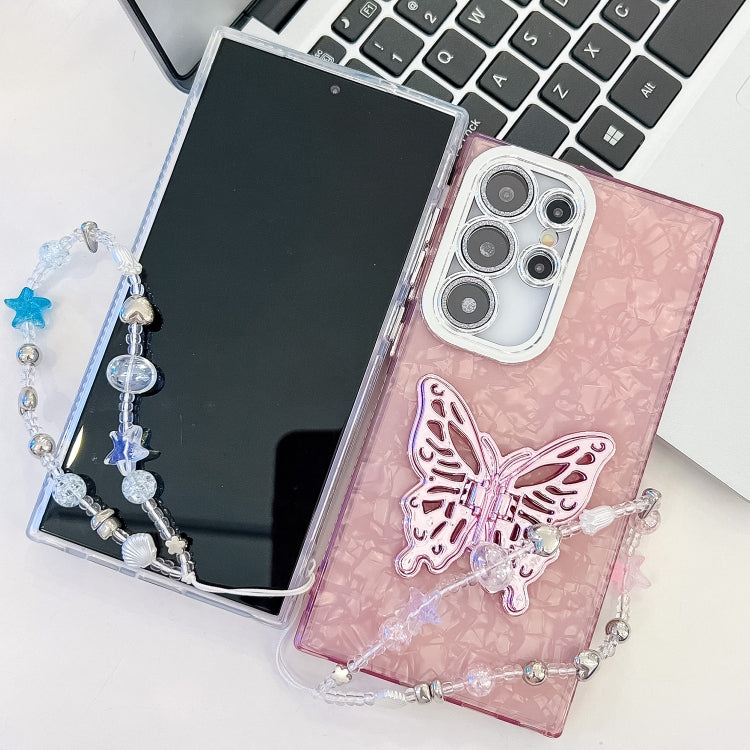 For Samsung Galaxy S25 Ultra 5G Plating Glitter Lens Film Texture Butterfly Holder Wristband Phone Case(Pink Feathers) - Galaxy S25 Ultra 5G Cases by PMC Jewellery | Online Shopping South Africa | PMC Jewellery | Buy Now Pay Later Mobicred