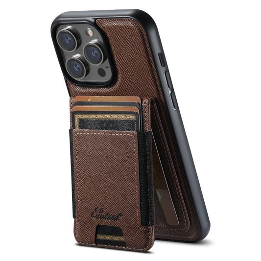 For iPhone 14 Pro Suteni H17 Cross Grain Leather MagSafe Detachable Wallet Phone Case(Brown) - iPhone 14 Pro Cases by Suteni | Online Shopping South Africa | PMC Jewellery | Buy Now Pay Later Mobicred