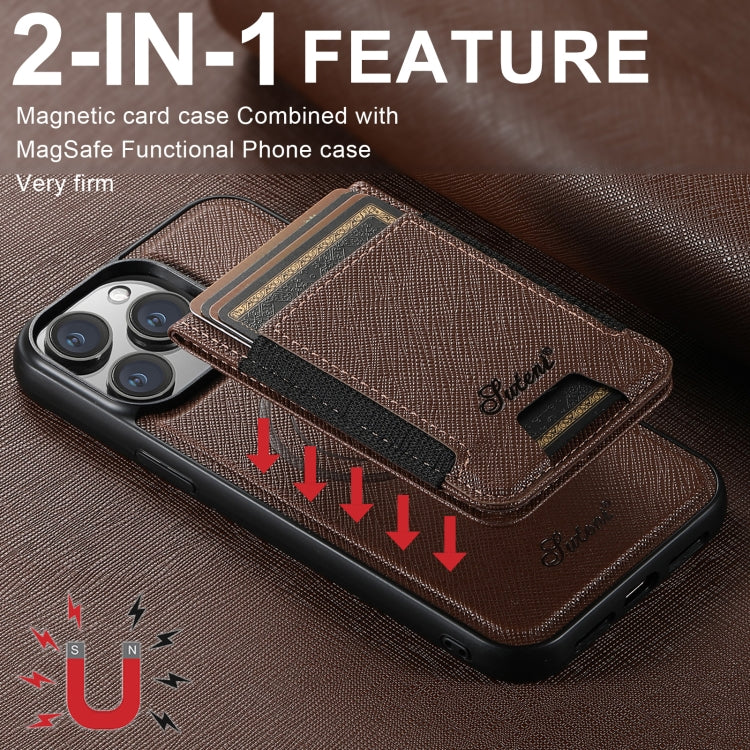 For iPhone 14 Pro Suteni H17 Cross Grain Leather MagSafe Detachable Wallet Phone Case(Brown) - iPhone 14 Pro Cases by Suteni | Online Shopping South Africa | PMC Jewellery | Buy Now Pay Later Mobicred