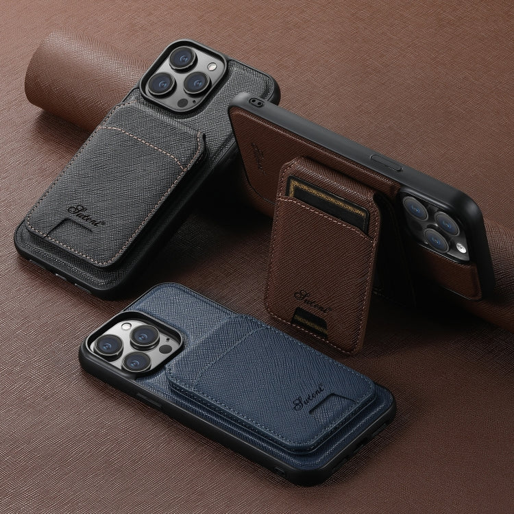 For iPhone 15 Plus Suteni H18 Cross Grain MagSafe Wallet Leather Phone Case(Brown) - iPhone 15 Plus Cases by Suteni | Online Shopping South Africa | PMC Jewellery | Buy Now Pay Later Mobicred