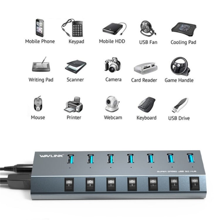 WAVLINK UH3076 5Gbps 7-port USB 3.0 Hub with Independent Switch and LED Indicator(UK Plug) - USB 3.0 HUB by WAVLINK | Online Shopping South Africa | PMC Jewellery | Buy Now Pay Later Mobicred