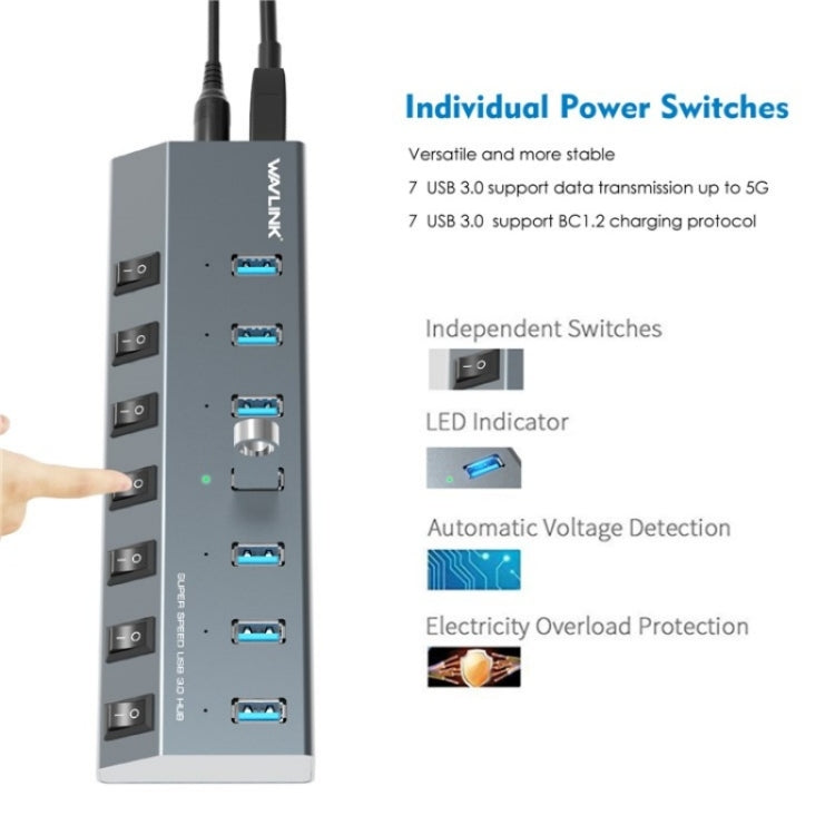 WAVLINK UH3076 5Gbps 7-port USB 3.0 Hub with Independent Switch and LED Indicator(EU Plug) - free shipping - PMC Jewellery - Order now!