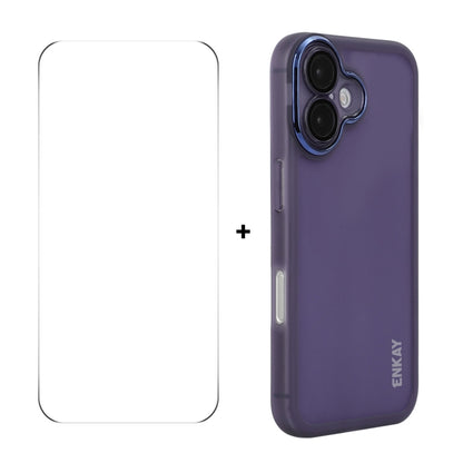 For iPhone 16 ENKAY Hat-Prince Translucent Matte TPU Phone Case with Lens Film + 9H Big Arc Edge Film(Purple) - iPhone 16 Cases by ENKAY | Online Shopping South Africa | PMC Jewellery | Buy Now Pay Later Mobicred