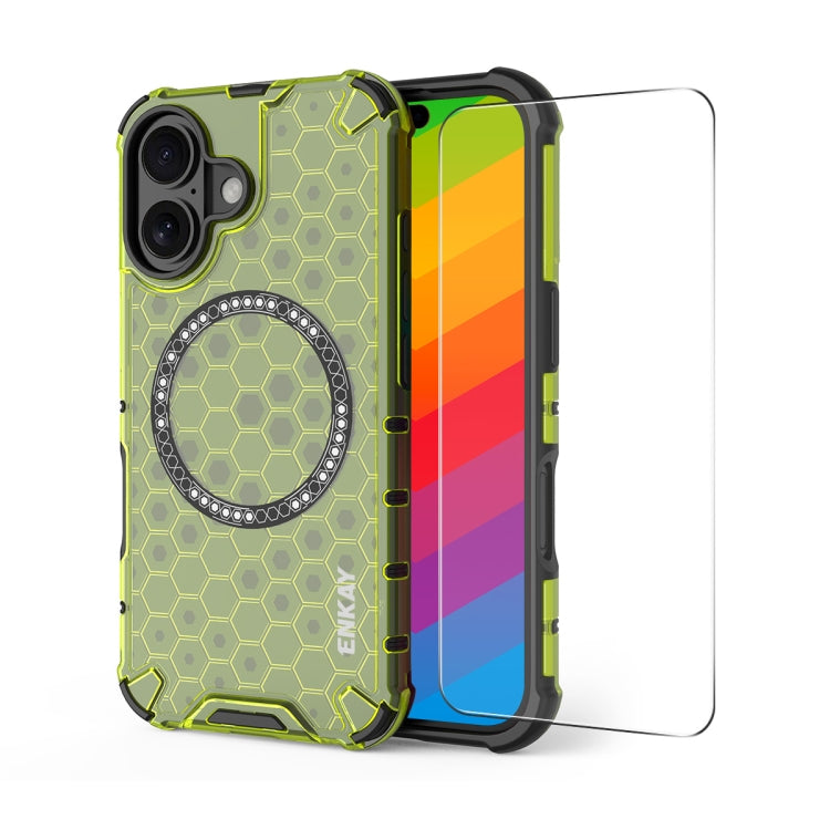 For iPhone 16 ENKAY Hat-Prince Honeycomb MagSafe Shockproof Phone Case with Large Arc Edge Film(Green) - iPhone 16 Cases by ENKAY | Online Shopping South Africa | PMC Jewellery | Buy Now Pay Later Mobicred