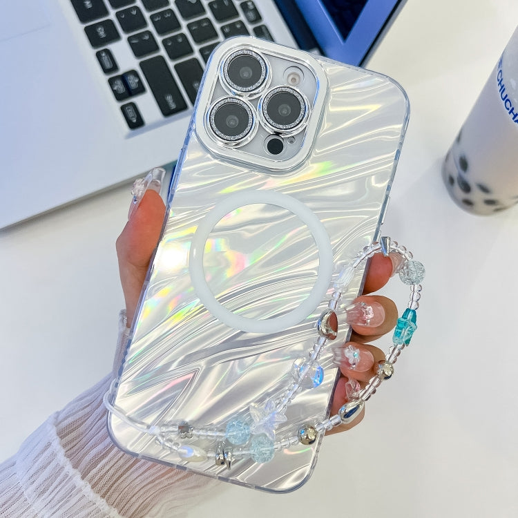 For iPhone 16 Pro Max Plating Texture Wristband MagSafe TPU Phone Case with Glitter Lens Film(White Water Ripples) - iPhone 16 Pro Max Cases by PMC Jewellery | Online Shopping South Africa | PMC Jewellery | Buy Now Pay Later Mobicred