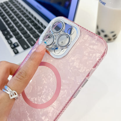 For iPhone 16 Plus Plating Texture Wristband MagSafe TPU Phone Case with Glitter Lens Film(White Shell Pattern) - iPhone 16 Plus Cases by PMC Jewellery | Online Shopping South Africa | PMC Jewellery | Buy Now Pay Later Mobicred