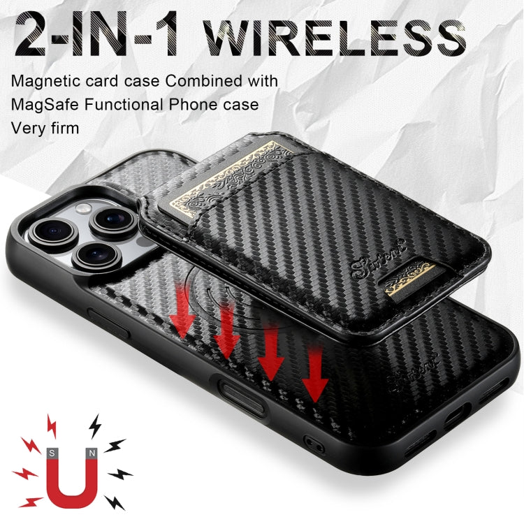 For iPhone 16 Suteni TXWH18 Carbon Fiber Texture Detachable Wallet MagSafe Phone Case(Black) - iPhone 16 Cases by Suteni | Online Shopping South Africa | PMC Jewellery | Buy Now Pay Later Mobicred