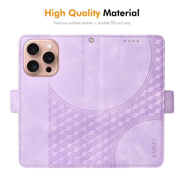 For iPhone 16 Pro ENKAY Embossed Rhombus Starry Leather Phone Case with Screen Film(Purple) - iPhone 16 Pro Cases by ENKAY | Online Shopping South Africa | PMC Jewellery | Buy Now Pay Later Mobicred