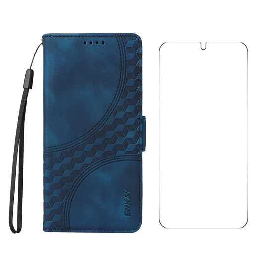 For Samsung Galaxy S25 5G / S24 5G ENKAY Embossed Rhombus Starry Leather Phone Case with Screen Film(Blue) - Galaxy S24 5G Cases by ENKAY | Online Shopping South Africa | PMC Jewellery | Buy Now Pay Later Mobicred