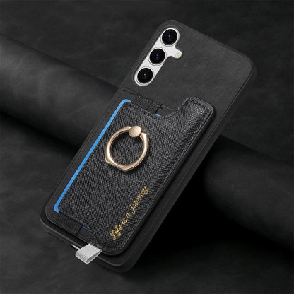 For Samsung Galaxy S25 5G Retro Cross Leather Ring Horizontal Insert Card Bag MagSafe Phone Case(Black) - Galaxy S25 5G Cases by PMC Jewellery | Online Shopping South Africa | PMC Jewellery | Buy Now Pay Later Mobicred