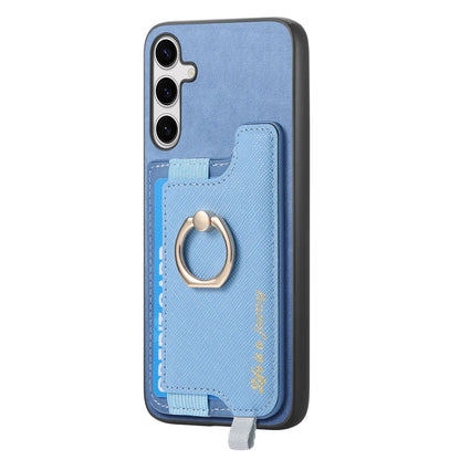 For Samsung Galaxy S25+ 5G Retro Cross Leather Ring Horizontal Insert Card Bag MagSafe Phone Case(Blue) - Galaxy S25+ 5G Cases by PMC Jewellery | Online Shopping South Africa | PMC Jewellery | Buy Now Pay Later Mobicred