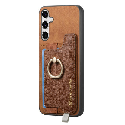 For Samsung Galaxy S25+ 5G Retro Cross Leather Ring Horizontal Insert Card Bag MagSafe Phone Case(Brown) - Galaxy S25+ 5G Cases by PMC Jewellery | Online Shopping South Africa | PMC Jewellery | Buy Now Pay Later Mobicred