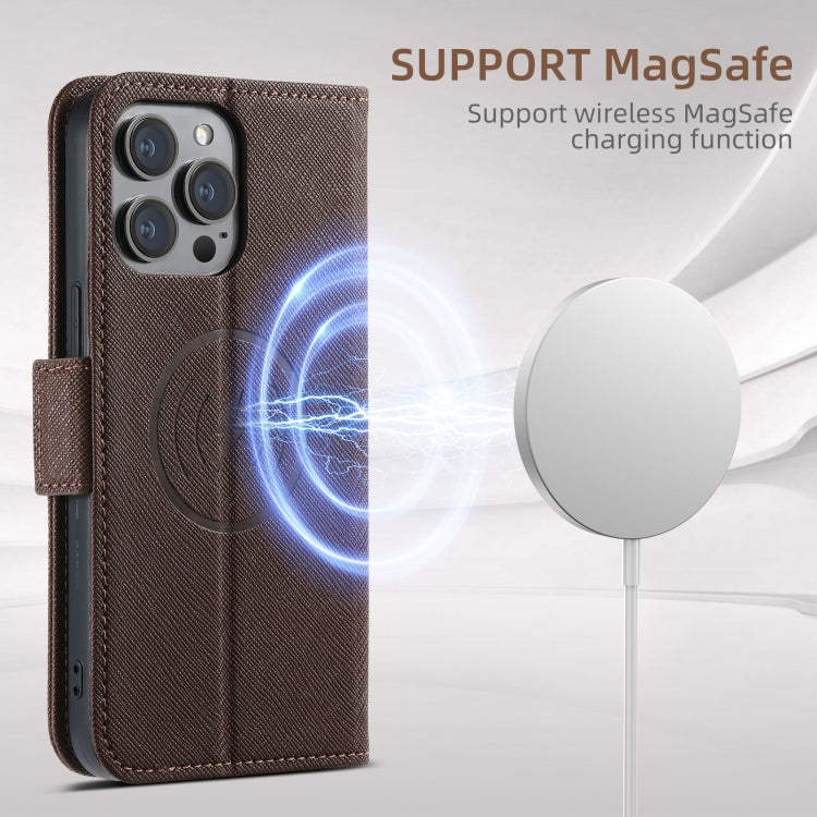 For iPhone 16 Pro Suteni J08 Multifunctional Cross Texture MagSafe Leather Phone Case(Brown) - iPhone 16 Pro Cases by Suteni | Online Shopping South Africa | PMC Jewellery | Buy Now Pay Later Mobicred