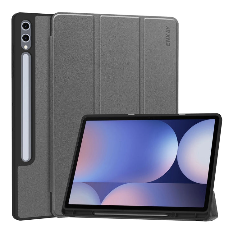 For Samsung Galaxy Tab S10+ / S9+ / S9 FE+ ENKAY Tri-fold Custer Texture TPU Leather Smart Tablet Case with Pen Slot(Grey) - Galaxy Tab S9+ Cases by ENKAY | Online Shopping South Africa | PMC Jewellery | Buy Now Pay Later Mobicred