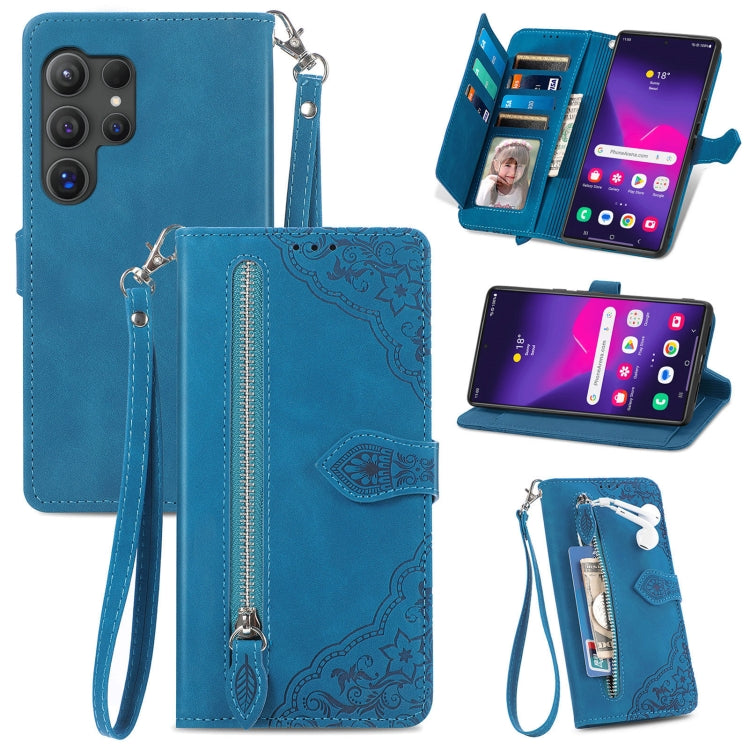 For Samsung Galaxy S25 Ultra 5G Embossed Flower Zipper Leather Phone Case(Blue) - Galaxy S25 Ultra 5G Cases by PMC Jewellery | Online Shopping South Africa | PMC Jewellery | Buy Now Pay Later Mobicred