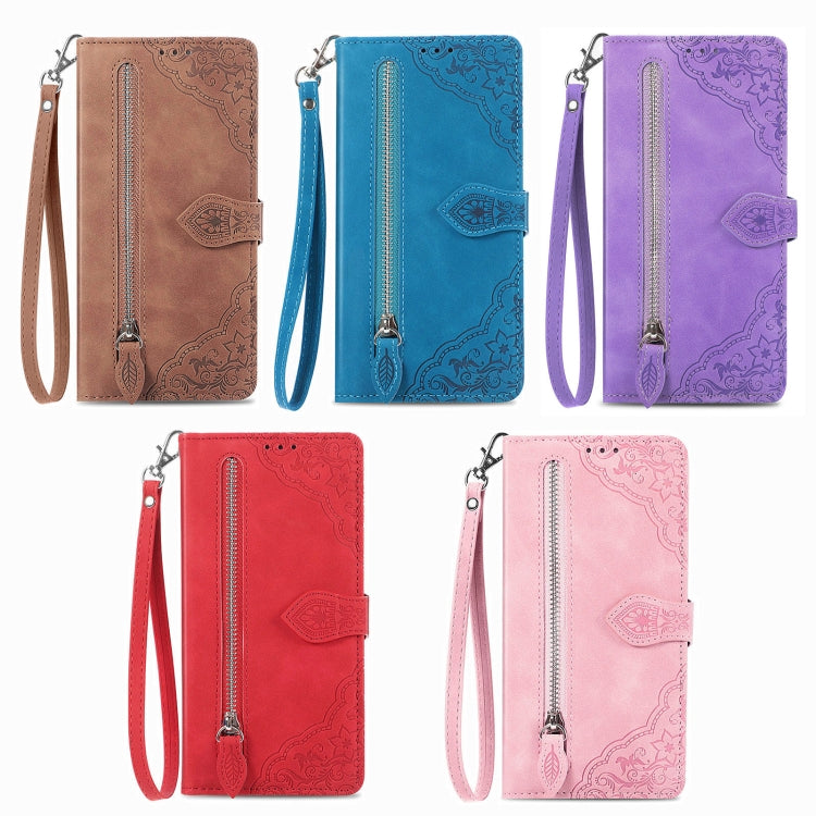 For Samsung Galaxy S25 5G Embossed Flower Zipper Leather Phone Case(Blue) - Galaxy S25 5G Cases by PMC TechLife | Online Shopping South Africa | PMC TechLife | Buy Now Pay Later Mobicred