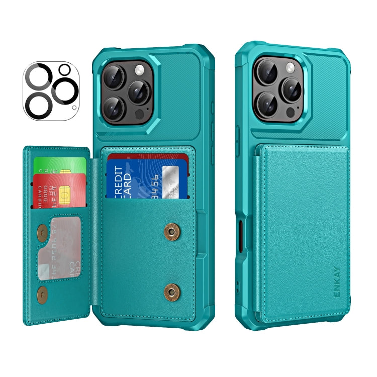 For iPhone 16 Pro ENKAY Hat-Prince Card Slot Wallet TPU Back Leather Phone Case with Lens Film(Cyan) - iPhone 16 Pro Max Cases by ENKAY | Online Shopping South Africa | PMC Jewellery | Buy Now Pay Later Mobicred