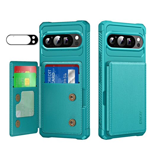 For Google Pixel 9 Pro XL ENKAY Hat-Prince Card Slot Wallet TPU Back Leather Phone Case with Lens Film(Cyan) - Google Cases by ENKAY | Online Shopping South Africa | PMC Jewellery | Buy Now Pay Later Mobicred