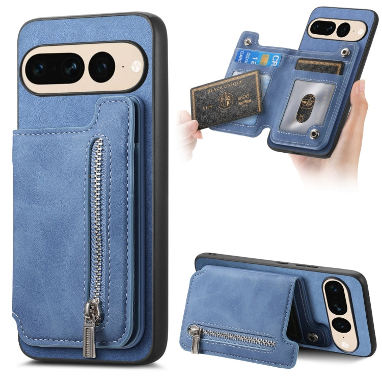 For Google Pixel 7 Pro Retro MagSafe Zipper Wallet Card Bag Back Phone Case(Blue) - Google Cases by PMC TechLife | Online Shopping South Africa | PMC TechLife | Buy Now Pay Later Mobicred
