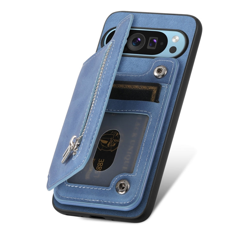For Google Pixel 7 Pro Retro MagSafe Zipper Wallet Card Bag Back Phone Case(Blue) - Google Cases by PMC TechLife | Online Shopping South Africa | PMC TechLife | Buy Now Pay Later Mobicred