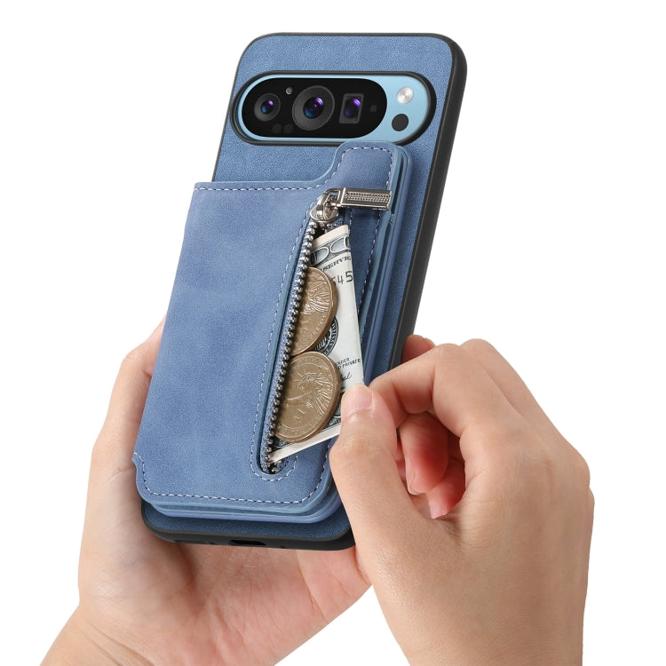 For Google Pixel 7 Pro Retro MagSafe Zipper Wallet Card Bag Back Phone Case(Blue) - Google Cases by PMC TechLife | Online Shopping South Africa | PMC TechLife | Buy Now Pay Later Mobicred