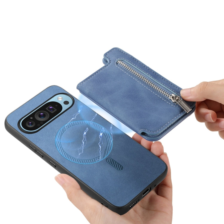 For Google Pixel 7 Pro Retro MagSafe Zipper Wallet Card Bag Back Phone Case(Blue) - Google Cases by PMC TechLife | Online Shopping South Africa | PMC TechLife | Buy Now Pay Later Mobicred