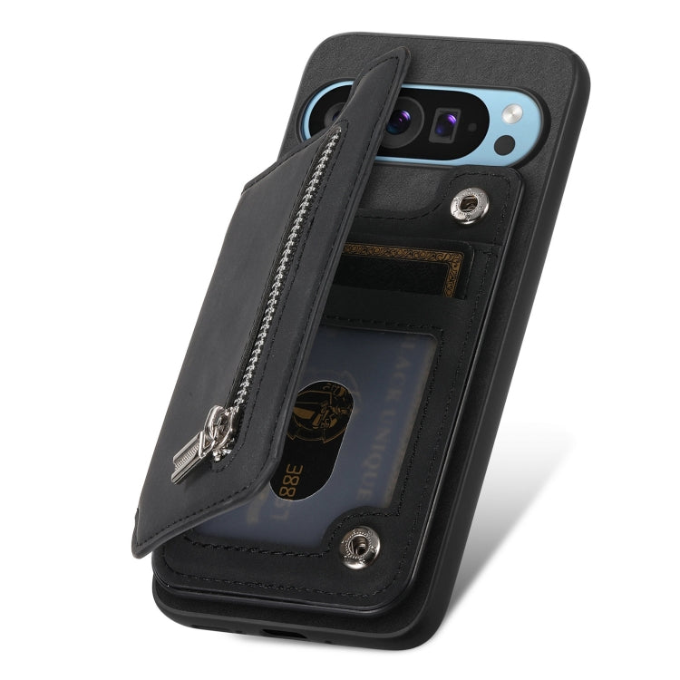 For Google Pixel 7 Pro Retro MagSafe Zipper Wallet Card Bag Back Phone Case(Black) - Google Cases by PMC TechLife | Online Shopping South Africa | PMC TechLife | Buy Now Pay Later Mobicred