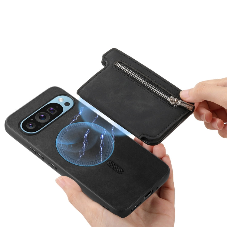 For Google Pixel 7 Pro Retro MagSafe Zipper Wallet Card Bag Back Phone Case(Black) - Google Cases by PMC TechLife | Online Shopping South Africa | PMC TechLife | Buy Now Pay Later Mobicred