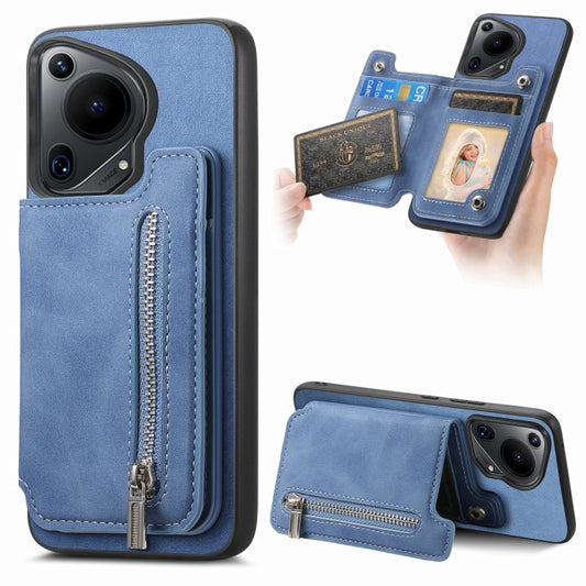 For Huawei Pura 70 Ultra Retro MagSafe Zipper Wallet Card Bag Back Phone Case(Blue) - Huawei Cases by PMC Jewellery | Online Shopping South Africa | PMC Jewellery | Buy Now Pay Later Mobicred