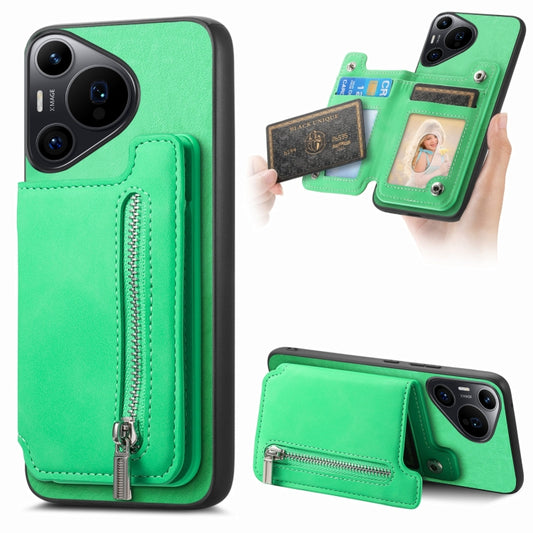 For Huawei Pura 70 Pro Retro MagSafe Zipper Wallet Card Bag Back Phone Case(Green) - Huawei Cases by PMC Jewellery | Online Shopping South Africa | PMC Jewellery | Buy Now Pay Later Mobicred