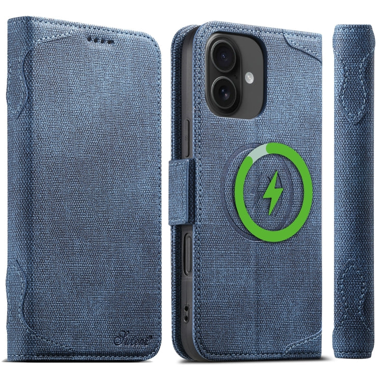 For iPhone 16 Suteni J07 Multi-functional Horizontal MagSafe Denim Leather Phone Case(Blue) - iPhone 16 Cases by Suteni | Online Shopping South Africa | PMC Jewellery | Buy Now Pay Later Mobicred