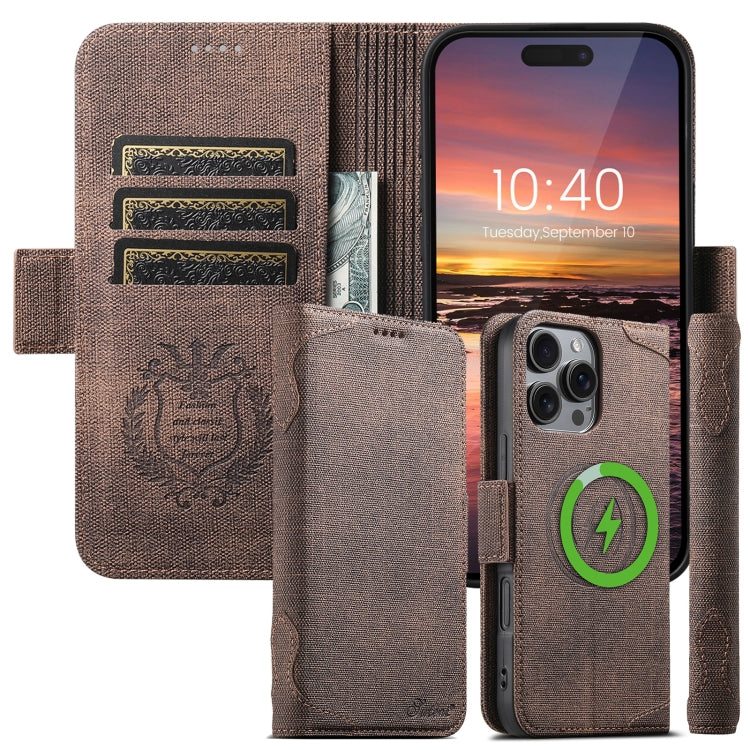 For iPhone 16 Plus Suteni J07 Multi-functional Horizontal MagSafe Denim Leather Phone Case(Brown) - iPhone 16 Plus Cases by Suteni | Online Shopping South Africa | PMC Jewellery | Buy Now Pay Later Mobicred