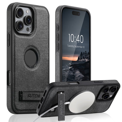 For iPhone 16 Plus Suteni G2 Holder Denim Leather Back MagSafe Phone Case(Black) - iPhone 16 Plus Cases by Suteni | Online Shopping South Africa | PMC Jewellery | Buy Now Pay Later Mobicred