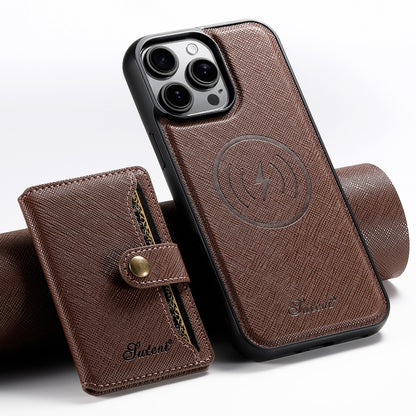 For iPhone 16 Pro Max Suteni H20 Cross-Grain MagSafe Horizontal Card Bag Back Phone Case(Brown) - iPhone 16 Pro Max Cases by Suteni | Online Shopping South Africa | PMC Jewellery | Buy Now Pay Later Mobicred