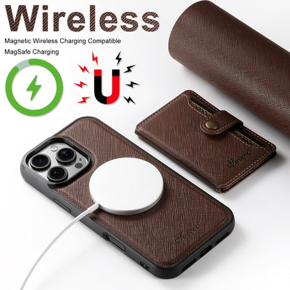 For iPhone 16 Pro Suteni H20 Cross-Grain MagSafe Horizontal Card Bag Back Phone Case(Brown) - iPhone 16 Pro Cases by Suteni | Online Shopping South Africa | PMC Jewellery | Buy Now Pay Later Mobicred