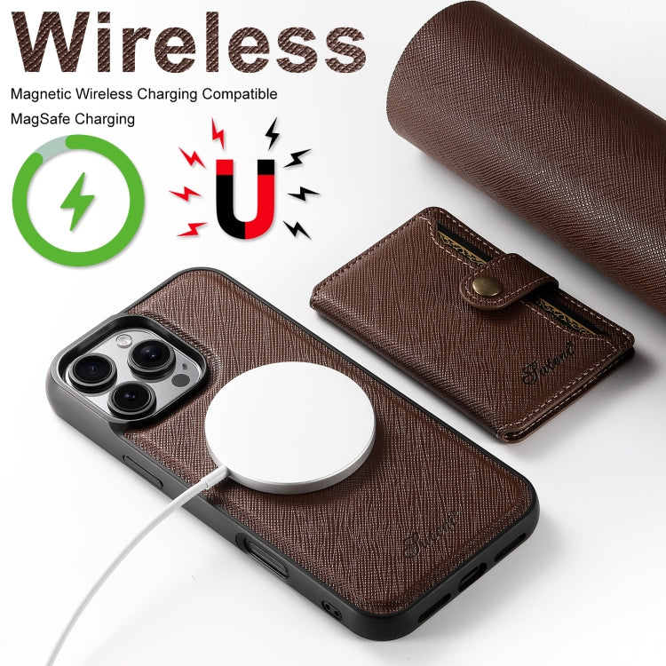 For iPhone 16 Plus Suteni H20 Cross-Grain MagSafe Horizontal Card Bag Back Phone Case(Brown) - iPhone 16 Plus Cases by Suteni | Online Shopping South Africa | PMC Jewellery | Buy Now Pay Later Mobicred