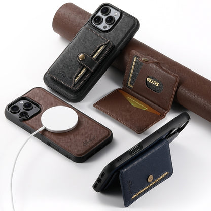 For iPhone 16 Pro Max Suteni H20 Cross-Grain MagSafe Horizontal Card Bag Back Phone Case(Brown) - iPhone 16 Pro Max Cases by Suteni | Online Shopping South Africa | PMC Jewellery | Buy Now Pay Later Mobicred