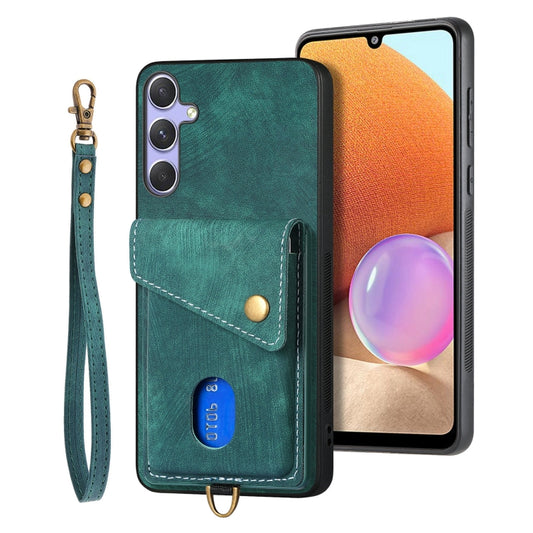 For Samsung Galaxy S25 5G Retro Card Wallet Fold Leather Phone Case with Strap(Green) - Galaxy S25 5G Cases by PMC Jewellery | Online Shopping South Africa | PMC Jewellery | Buy Now Pay Later Mobicred