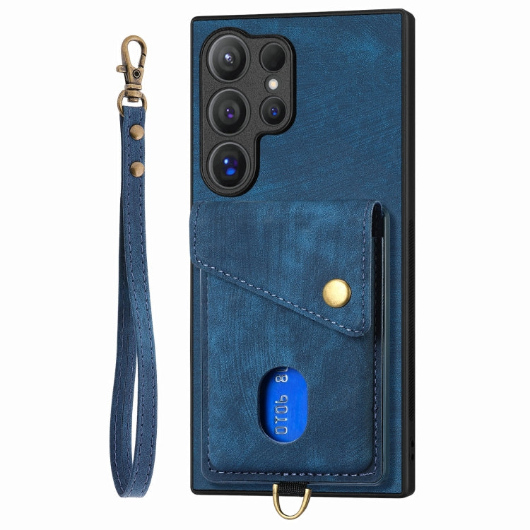 For Samsung Galaxy S25 Ultra 5G Retro Card Wallet Fold Leather Phone Case with Strap(Blue) - Galaxy S25 Ultra 5G Cases by PMC Jewellery | Online Shopping South Africa | PMC Jewellery | Buy Now Pay Later Mobicred