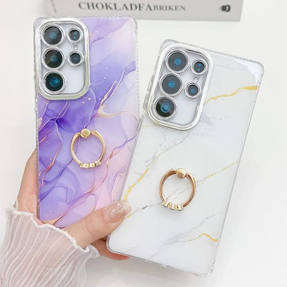 For Samsung Galaxy S25+ 5G Electroplated Marble Texture Ring Holder Phone Case(Yellow Green S13) - Galaxy S25+ 5G Cases by PMC Jewellery | Online Shopping South Africa | PMC Jewellery | Buy Now Pay Later Mobicred