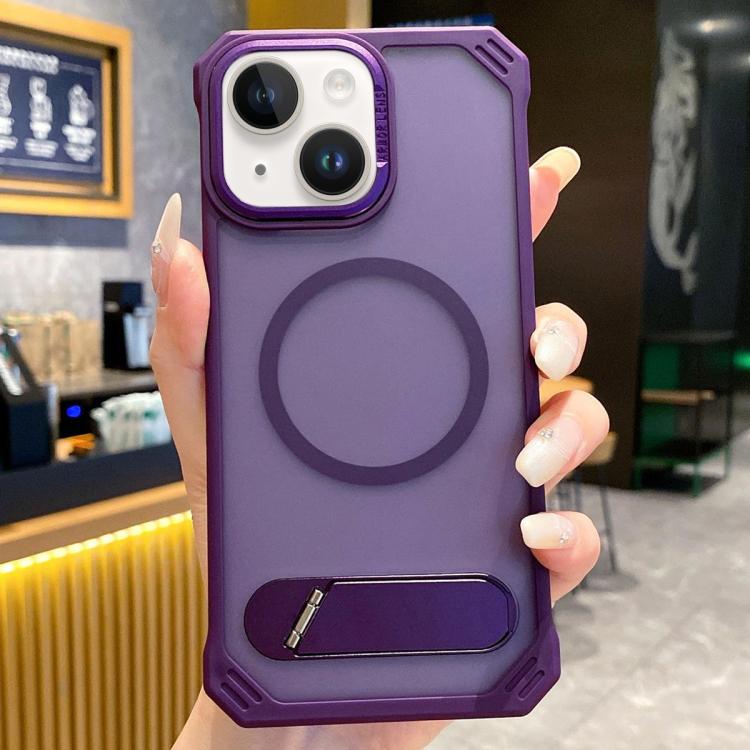 For iPhone 13 Skin Feel Frameless MagSafe PC Phone Case with Fold Holder(Purple) - iPhone 13 Cases by PMc TechLife | Online Shopping South Africa | PMc TechLife | Buy Now Pay Later Mobicred