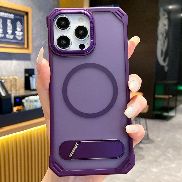 For iPhone 15 Pro Skin Feel Frameless MagSafe PC Phone Case with Fold Holder(Purple) - iPhone 15 Pro Cases by PMc TechLife | Online Shopping South Africa | PMc TechLife | Buy Now Pay Later Mobicred