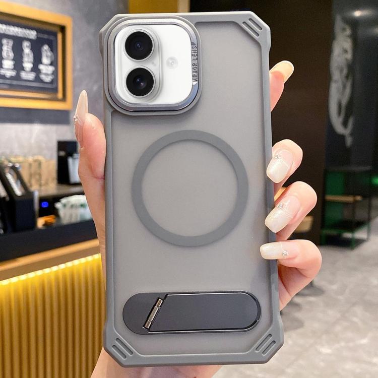For iPhone 16 Plus Skin Feel Frameless MagSafe PC Phone Case with Fold Holder(Grey) - iPhone 16 Plus Cases by PMc TechLife | Online Shopping South Africa | PMc TechLife | Buy Now Pay Later Mobicred