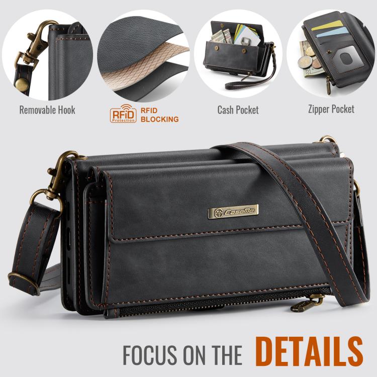 For iPhone 16e CaseMe C39 RFID Blocking Zipper Wallet Leather Phone Case with Crossbody Strap(Black) - free shipping - PMc TechLife - Order now!