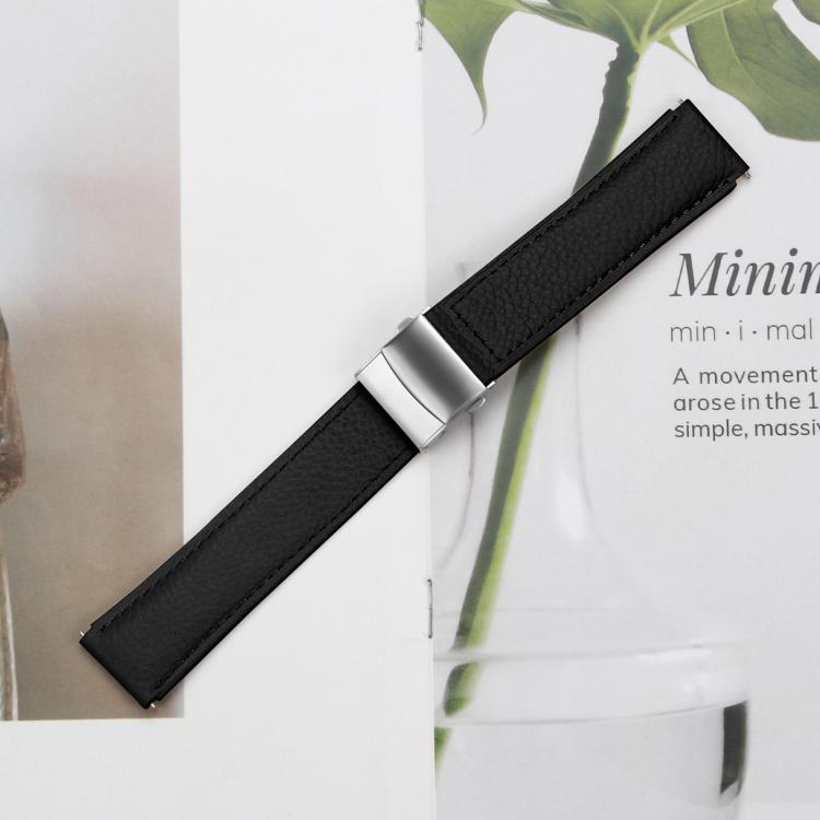 20mm Lychee Texture Silver Turtle Back Buckle Leather Watch Band(Black) - free shipping - PMC TechLife - Order now!