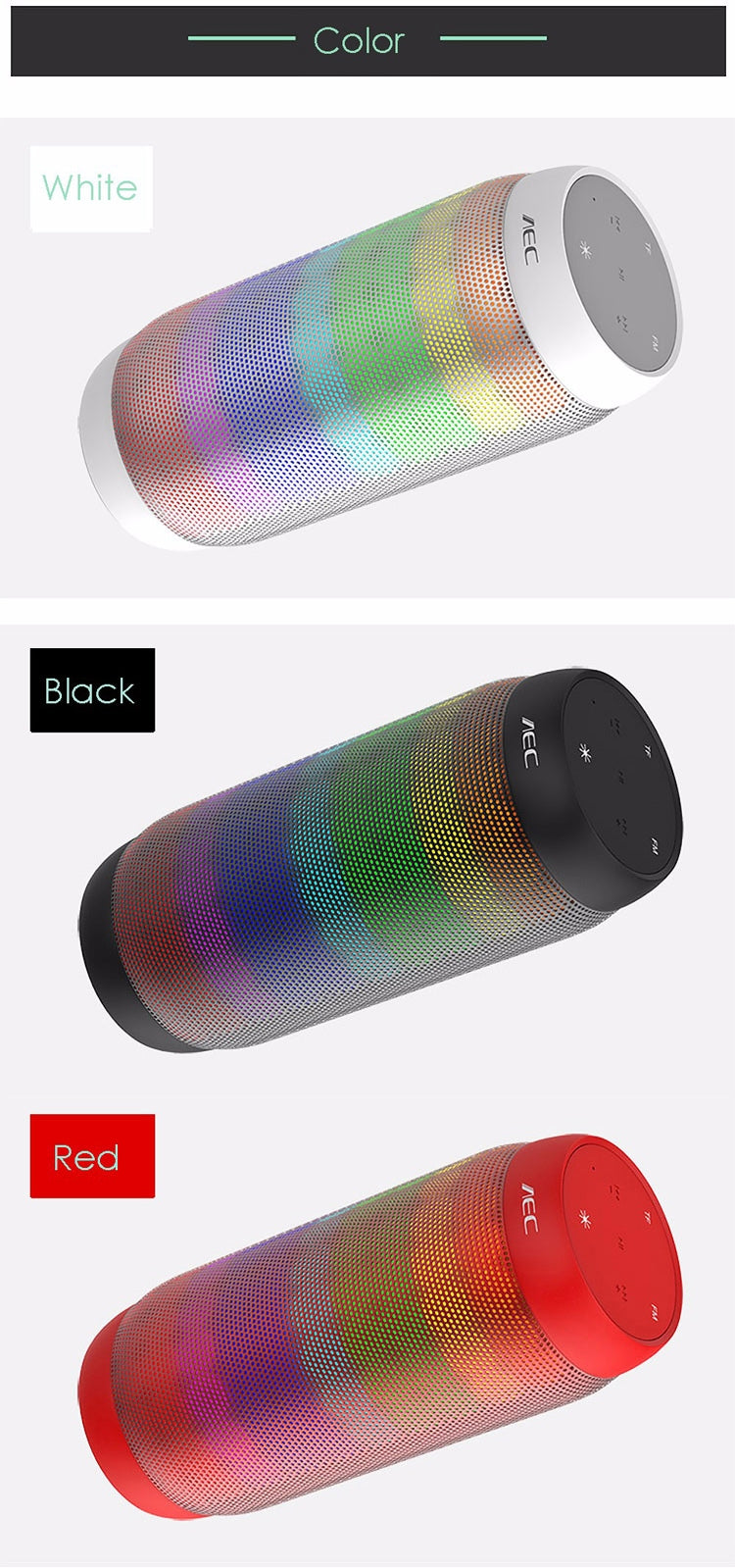AEC BQ615 PRO Colorful LED Wireless HiFi Stereo Speaker, Combines Bluetooth + TF card player + FM radio + AUX + NFC - free shipping - PMC Jewellery - Order now!